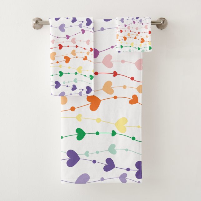 Pretty Rainbow Hearts Pattern Kids Bathroom Bath Towel Set (Insitu)