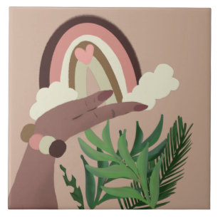 Pretty Rainbow Natural Greenery Feminine Hands Ceramic Tile