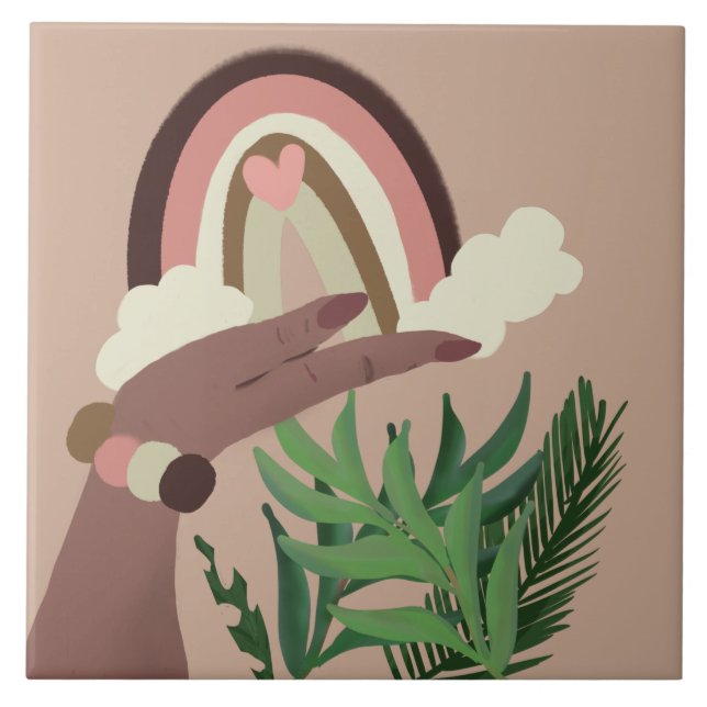 Pretty Rainbow Natural Greenery Feminine Hands Ceramic Tile (Front)