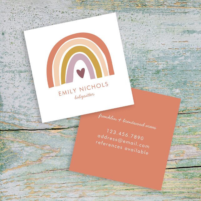 Pretty Rainbow Peach Lavender Boho Babysitter Square Business Card (Creator Uploaded)