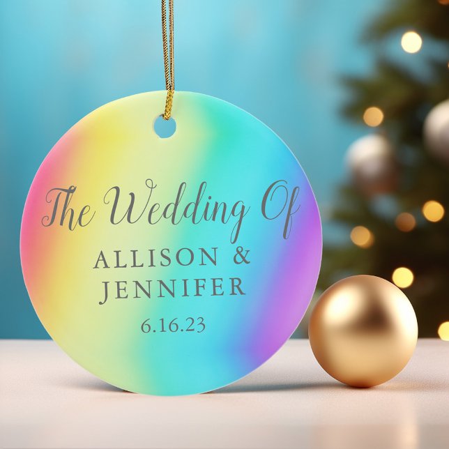 Pretty Rainbow Personalised LGBTQ Wedding Ceramic Ornament (Creator Uploaded)
