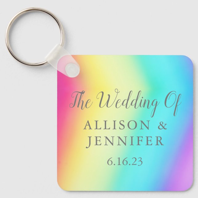 Pretty Rainbow Personalised LGBTQ Wedding Key Ring (Front)