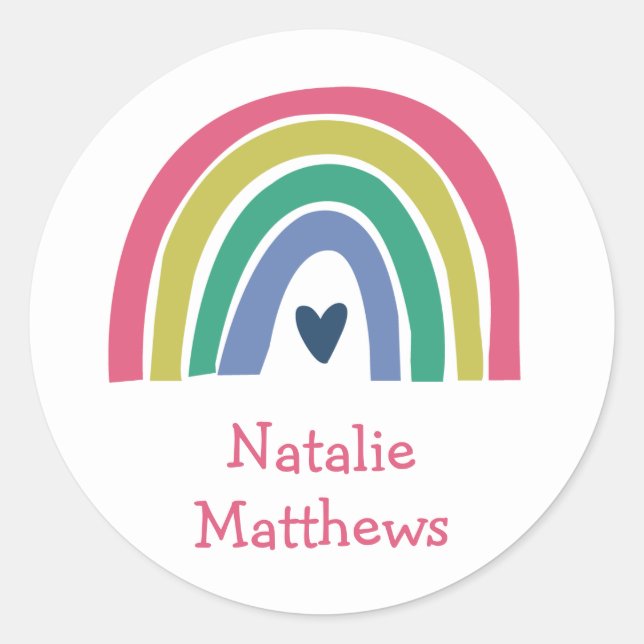 Pretty Rainbow Pink Navy Name Classic Round Sticker (Front)