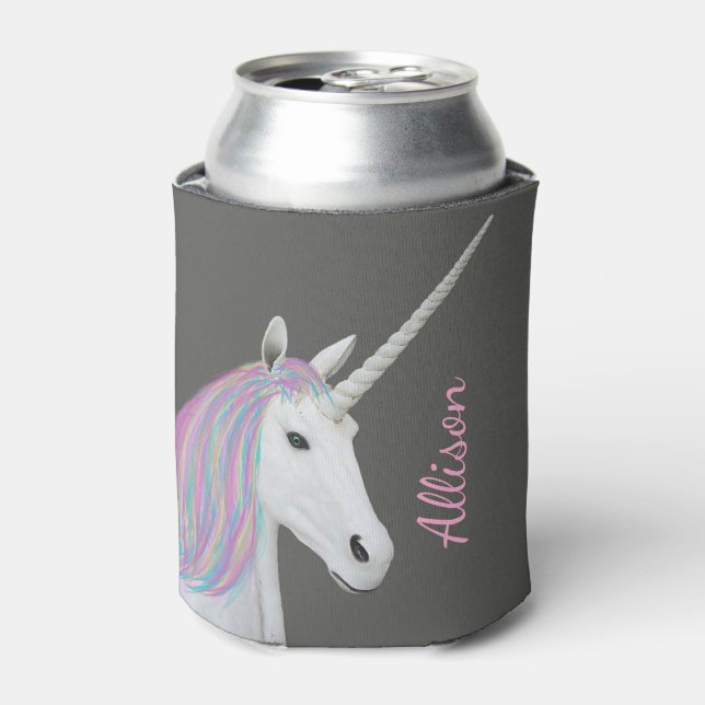Pretty Rainbow Unicorn Personalised Name Can Cooler (Can Front)