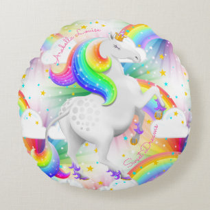 Pretty Rainbow Unicorn with Personalisation Round Cushion
