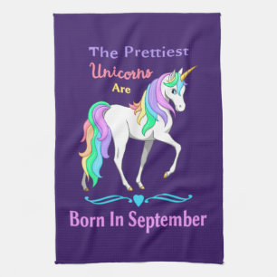 Pretty Rainbow Unicorns Born In September Tea Towel