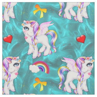 Pretty Rainbow Unicorns on Aqua Fabric