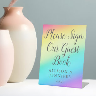 Pretty Rainbow Wedding Gradient Guest Book Pedestal Sign