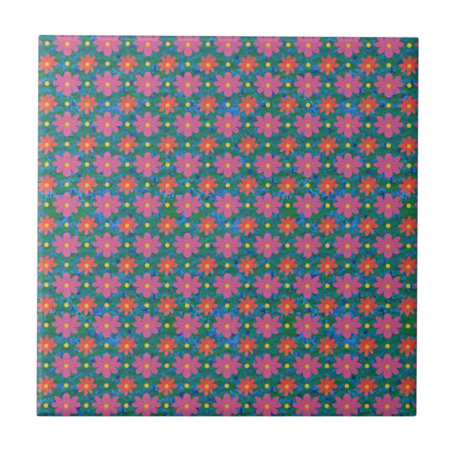 Pretty Rangoli Flowers and Polka Dots Ceramic Tile (Front)