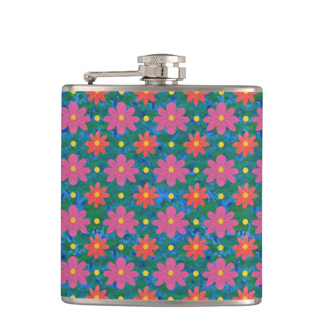 Pretty Rangoli Flowers and Polka Dots Hip Flask (Front)