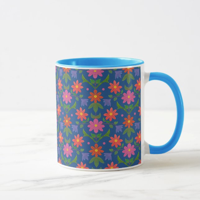 Pretty Rangoli Flowers Polka Dot Blue Ringer Mug (Right)