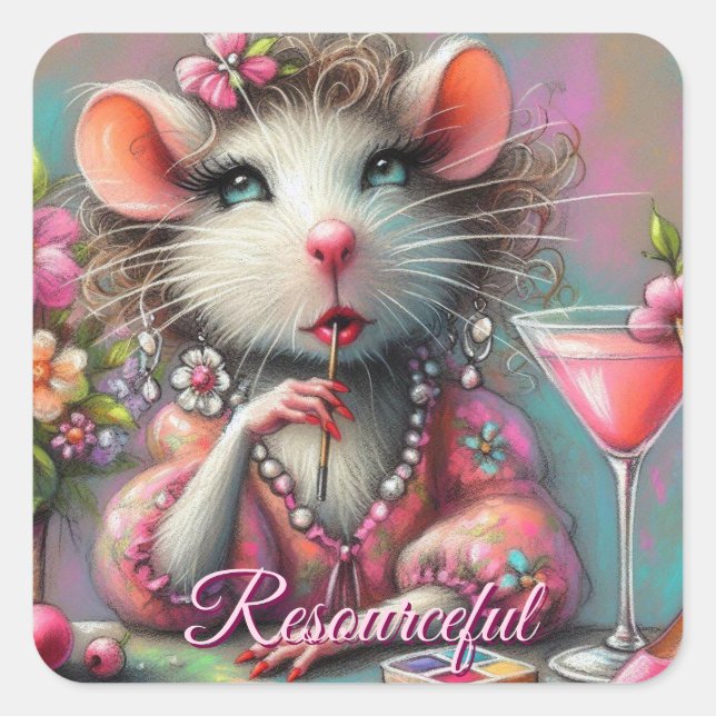 Pretty Rat Lady Having a Martini Contemplating Square Sticker (Front)