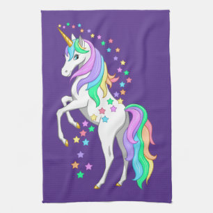 Pretty Rearing Rainbow Unicorn Falling Stars Tea Towel