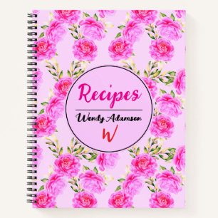 Pretty Recipe Journal. with Pink Flowers   Floral  Notebook