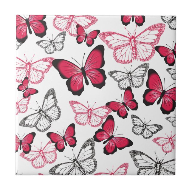 Pretty Red and Black Butterfly Art Pattern Ceramic Tile (Front)