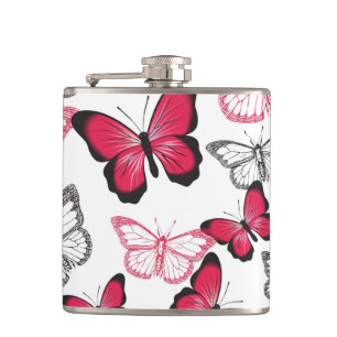 Pretty Red and Black Butterfly Art Pattern Hip Flask