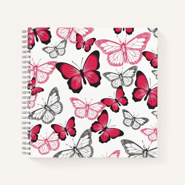 Pretty Red and Black Butterfly Art Pattern Notebook (Front)