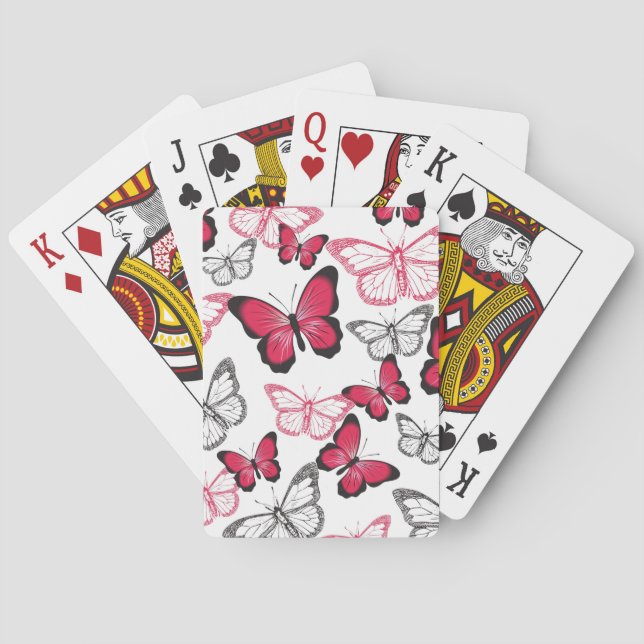 Pretty Red and Black Butterfly Art Pattern Playing Cards (Back)