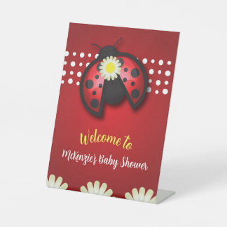 Pretty Red and Black Ladybug Daisies Baby Shower Pedestal Sign
