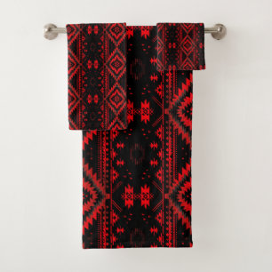 Pretty Red and Black Native American Pattern Bath Towel Set