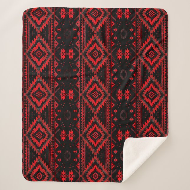 Pretty Red and Black Native American Pattern Sherpa Blanket (Front)