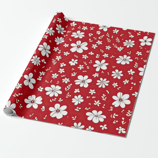 Pretty Red And White Flowers Wrapping Paper (Unrolled)