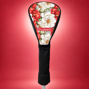 Pretty Red and White Peony Flowers Personalised Golf Head Cover
