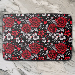 Pretty, Red, Black and White Roses, Hearts Bath Mat