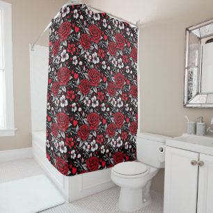 Pretty, Red, Black and White Roses, Hearts  Shower Curtain