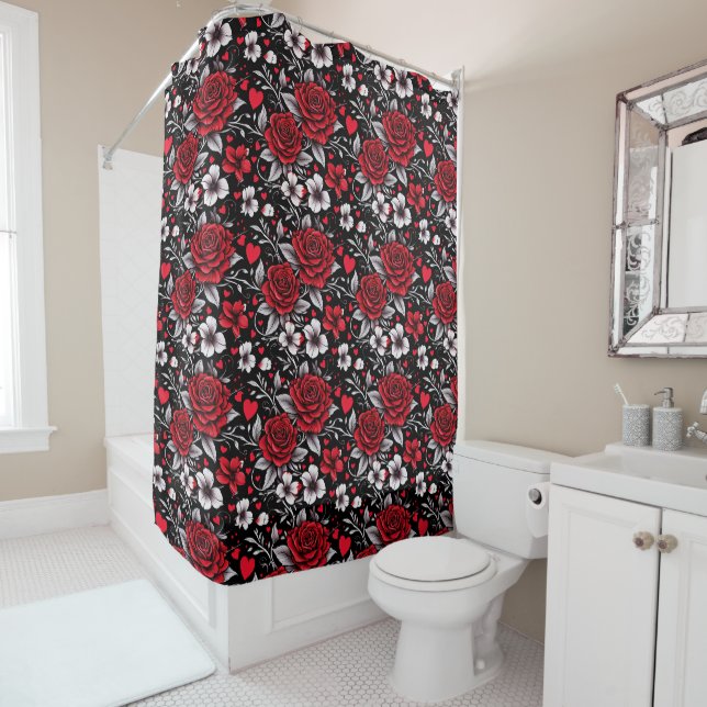 Pretty, Red, Black and White Roses, Hearts  Shower Curtain (In Situ)