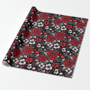Pretty, Red, Black and White Roses, Hearts  Wrapping Paper