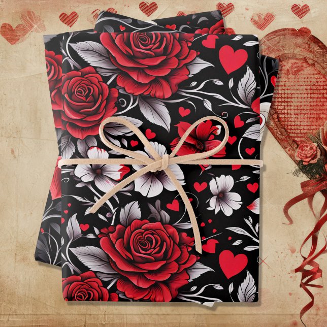Pretty, Red, Black and White Roses, Hearts  Wrapping Paper Sheet (Creator Uploaded)