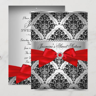 Pretty Red Black Damask Sweet 16 Invitation