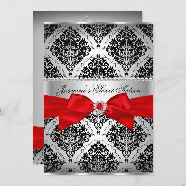 Pretty Red Black Damask Sweet 16 Invitation (Front/Back)
