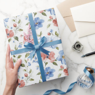 Pretty Red Blue Flowers Birthday Wrapping Paper