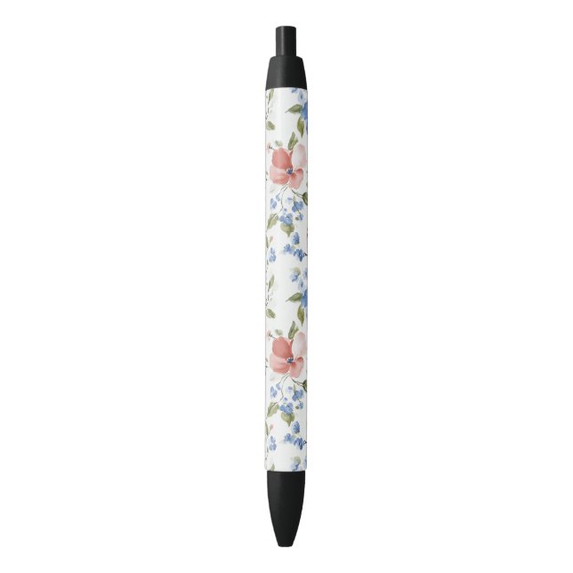 Pretty Red Blue Flowers Black Ink Pen (Front Vertical)