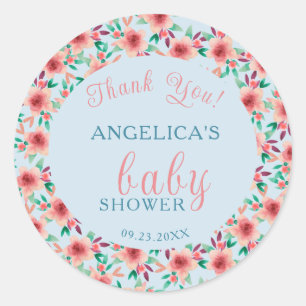 Pretty Red Blue Watercolor Boho Floral Baby Shower Classic Round Sticker