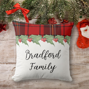 Pretty Red Buffalo Plaid Holly Family Christmas Cushion