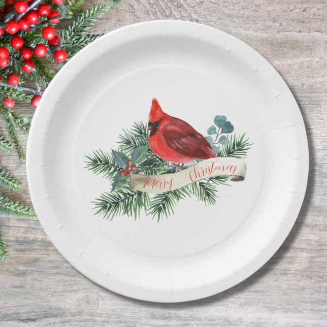 Pretty Red Cardinal Christmas Paper Plate (Creator Uploaded)