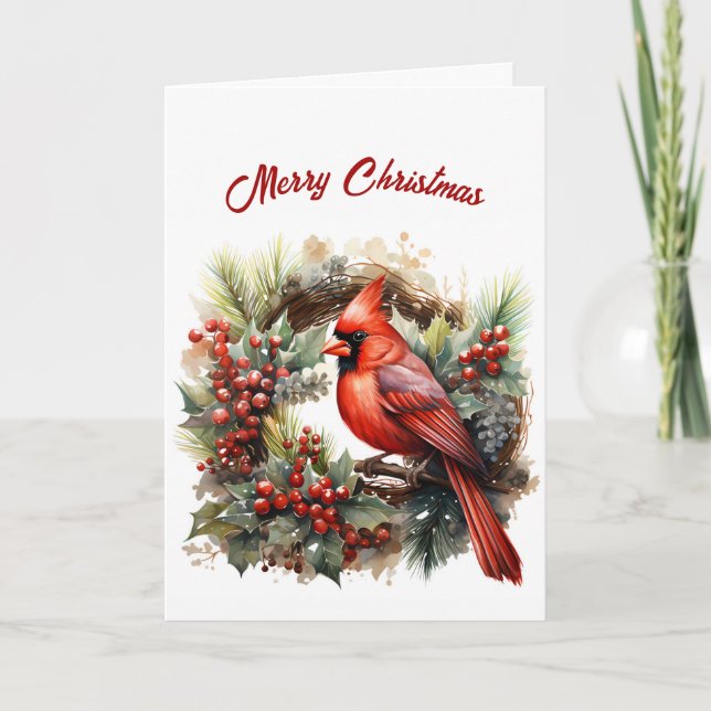 Pretty Red Cardinal Illustration Christmas  Card (Front)