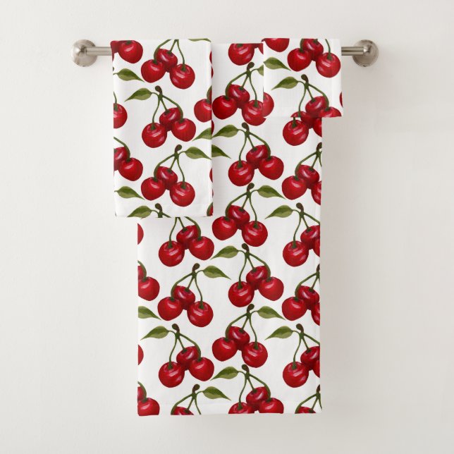Pretty Red Cherry Watercolor Bath Towel Set (Insitu)