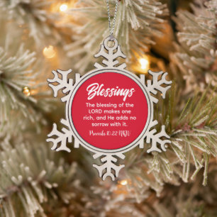 Pretty Red Christian Faith Blessings Bible Verse Snowflake Pewter Christmas Ornament