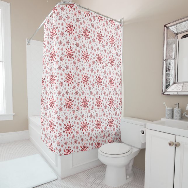 Pretty Red Christmas Snowflakes on Winter White Shower Curtain (In Situ)
