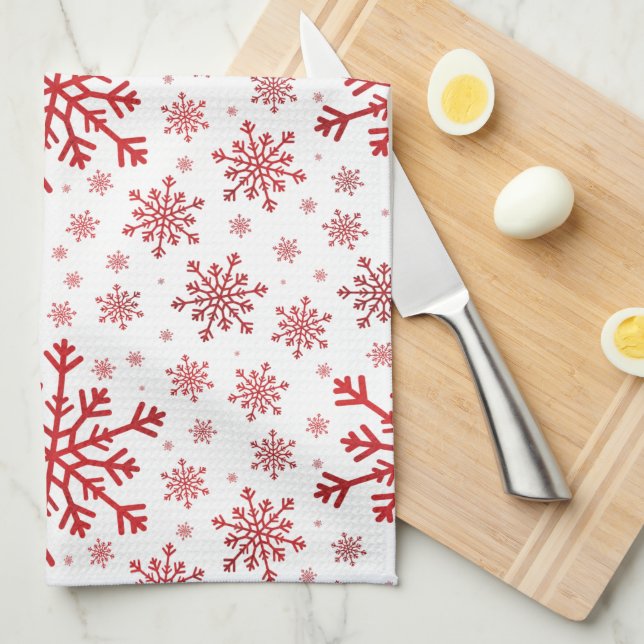 Pretty Red Christmas Snowflakes on Winter White Tea Towel (Quarter Fold)
