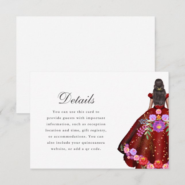 Pretty Red Fiesta Floral Quinceanera Details RSVP Card (Front/Back)