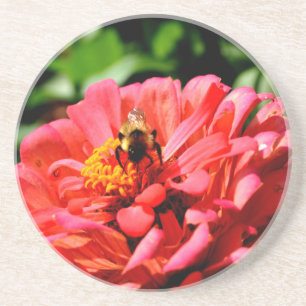 Pretty red floral and honeybee coaster
