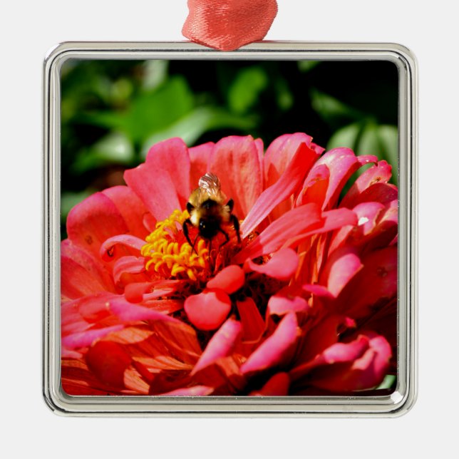 Pretty red floral and honeybee metal ornament (Front)
