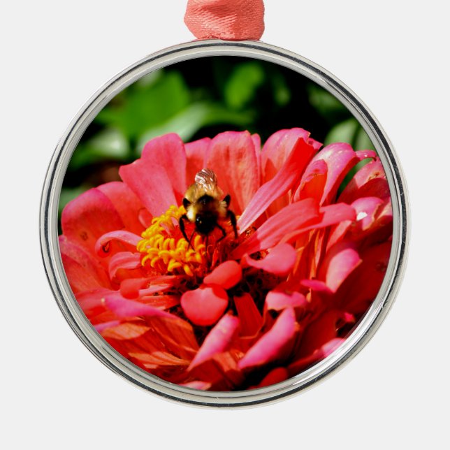 Pretty red floral and honeybee metal ornament (Front)