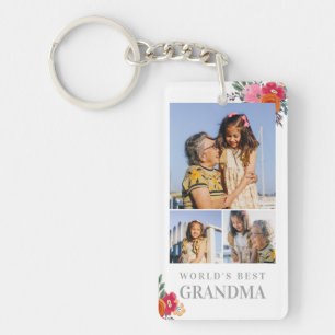 Pretty Red Floral Grandma 3 Photo Collage Keychain