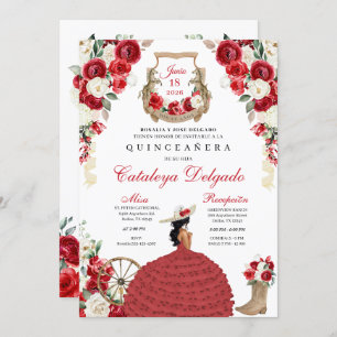 Pretty Red Floral Western Charro Quinceañera Invitation